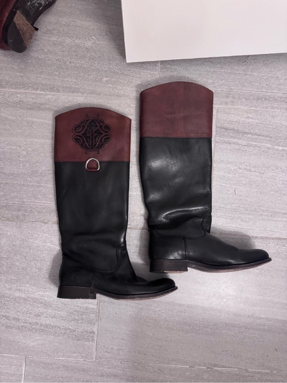 Frye Black Leather Tall Boots with Burgundy Cuff